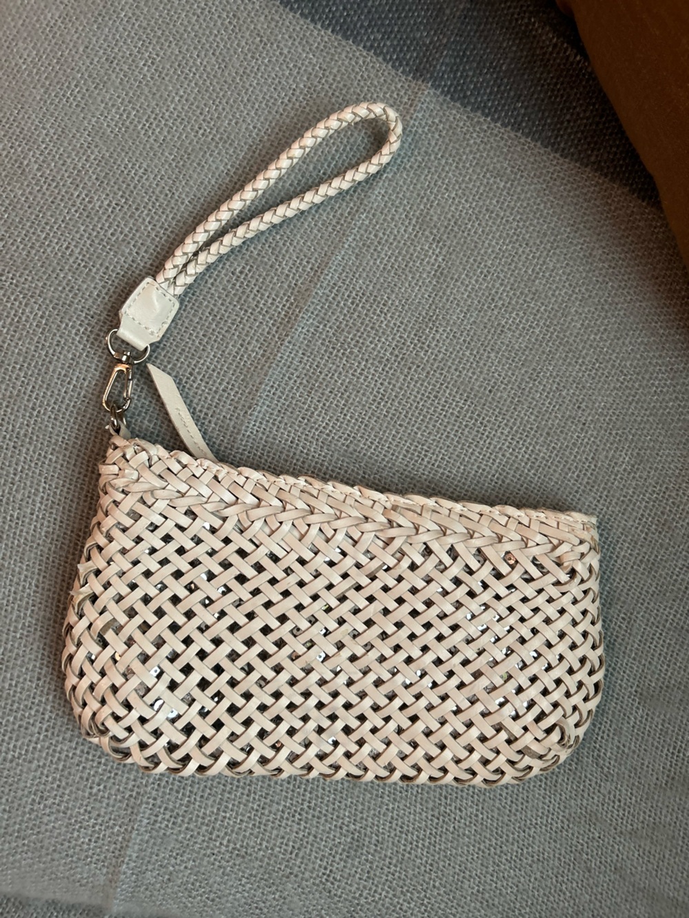 Cache Woven Leather Wristlet 
Bag White Cream